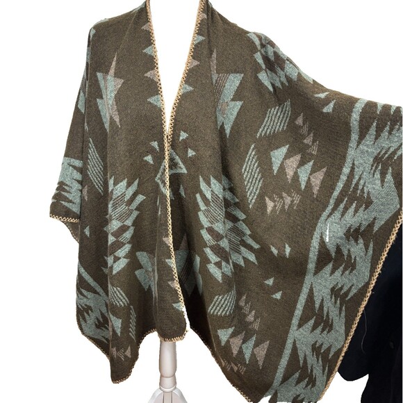 Aztec Shawl Wrap Poncho OSFM Brown Taupe Boho Southwestern Festival Cozy - Picture 4 of 4